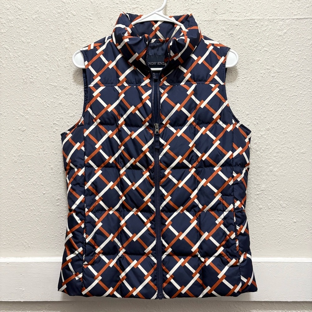 Lands' End Navy and Rust Orange Geometric Link Pattern Puffer Vest Size Small